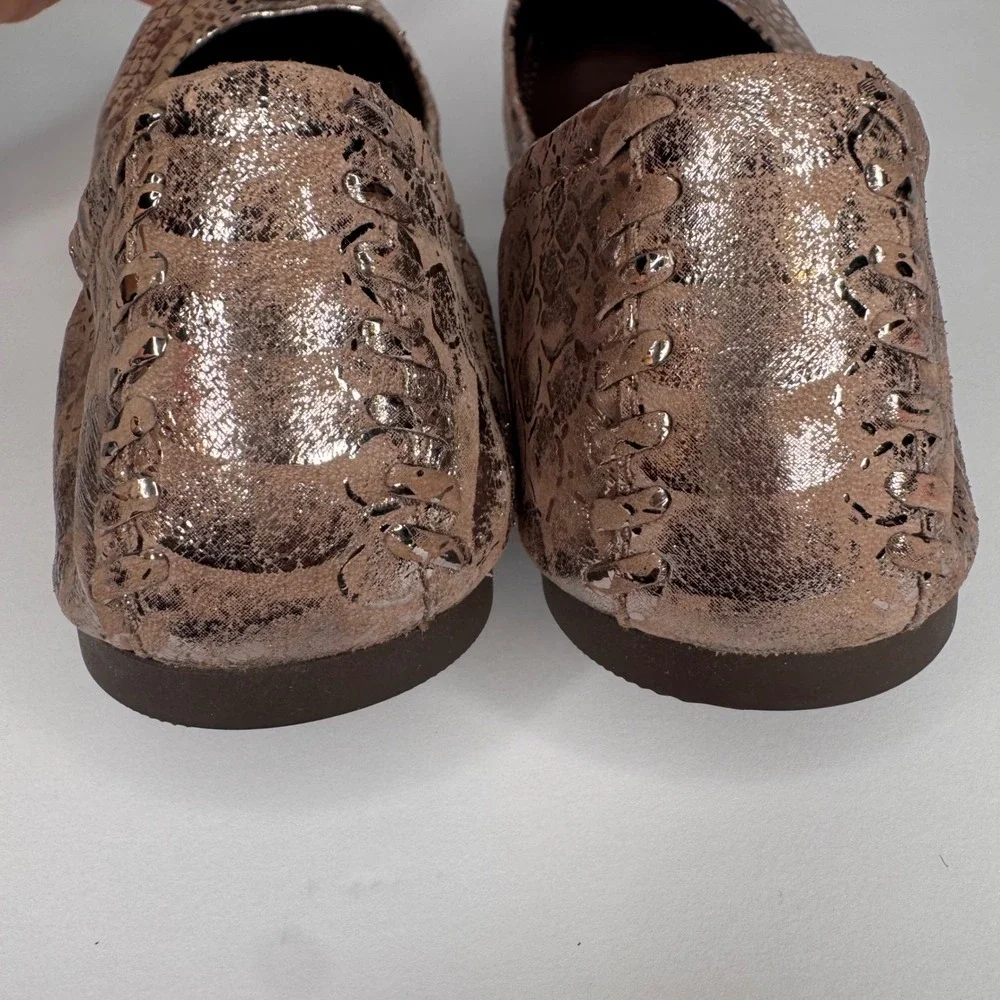 Tory Burch Reva Ballet Flats Metallic Snakeskin Leather Medallion Logo Sz 7.5